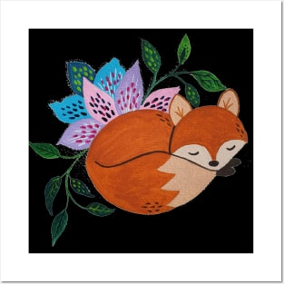 Little Fox and Floral Pattern in Acrylic Style Posters and Art